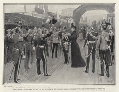 Three Cheers, kommandør Wemyss og officererne fra Ophir siger farvel til hertugen og hertuginden af Cornwall af Henry Marriott Paget